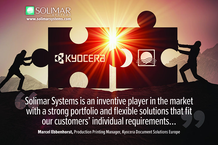 Asociacin de Solimar Systems y Kyocera para proporcionar a los clientes una produccin de inyeccin de tinta digital ms rpida y eficiente