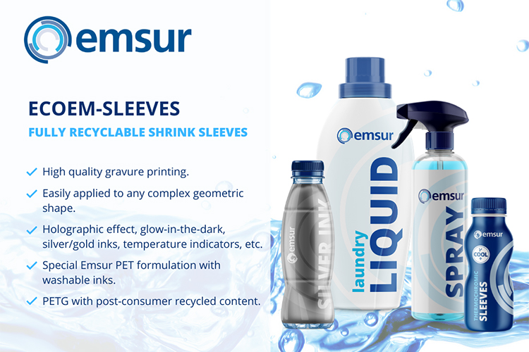 EMSUR presenta ECOEM-Sleeves, su nueva gama de mangas retrctiles totalmente reciclables junto con las botellas de PET